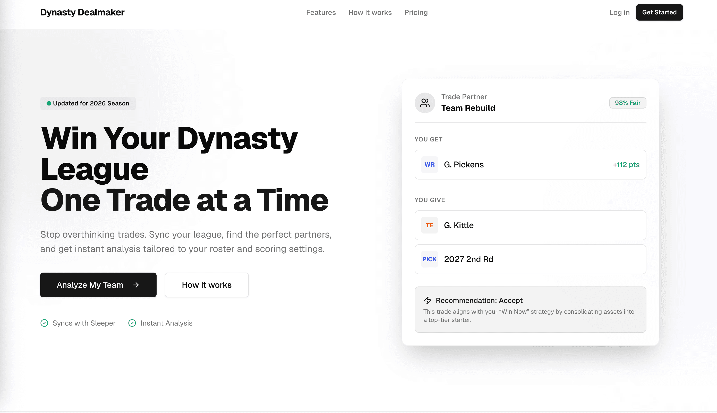 Dynasty Dealmaker marketing landing — Win Your Dynasty League One Trade at a Time