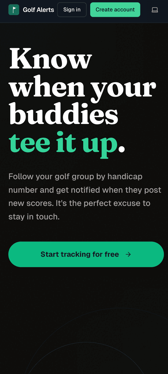 Golf Alerts landing screen — Know when your buddies tee it up