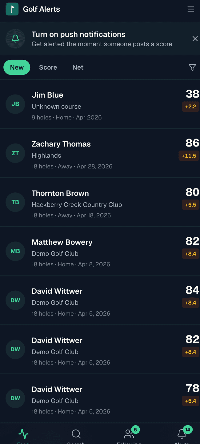 Personal feed of scores from followed golfers