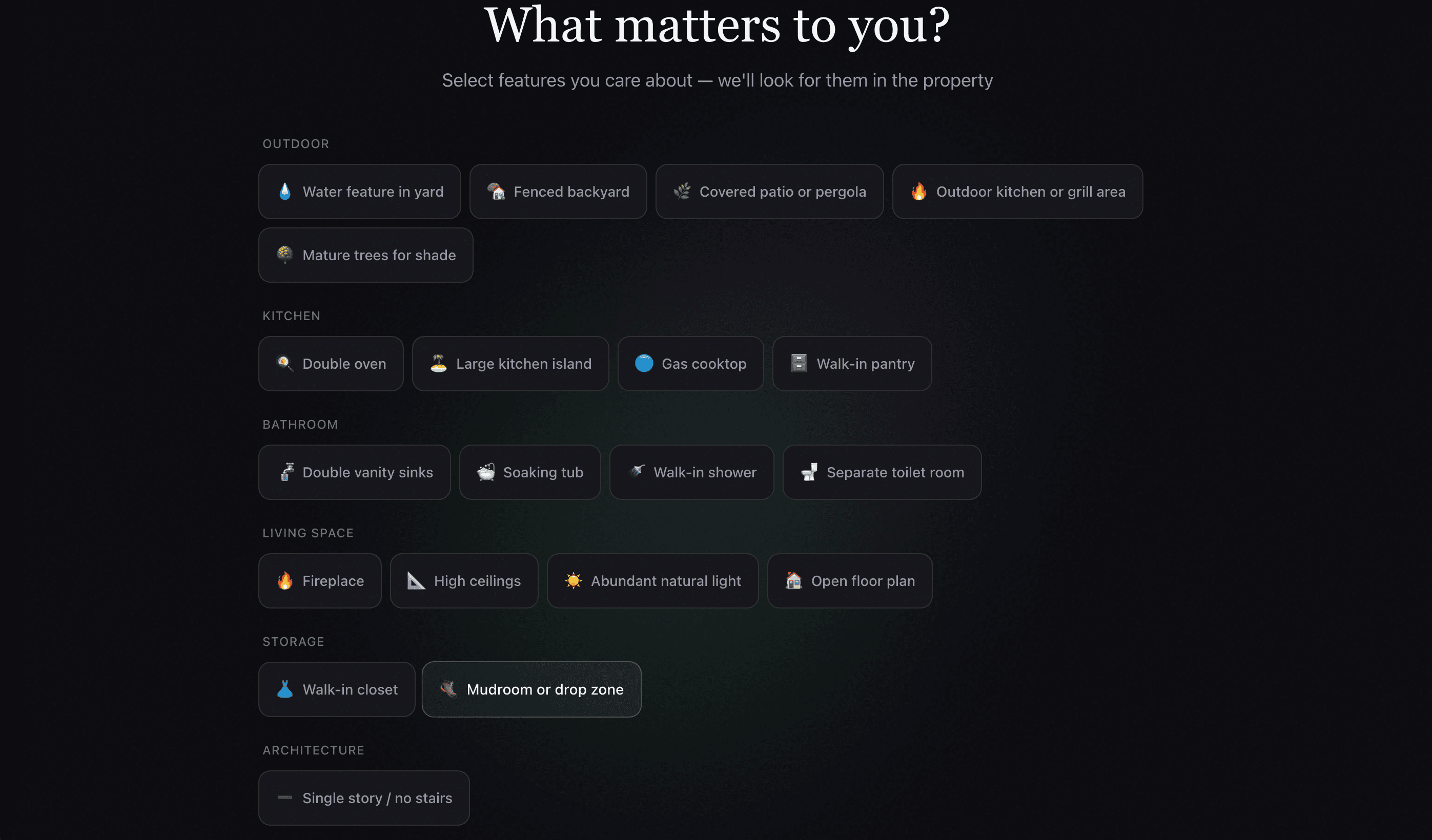 Feature preference picker grouped by room