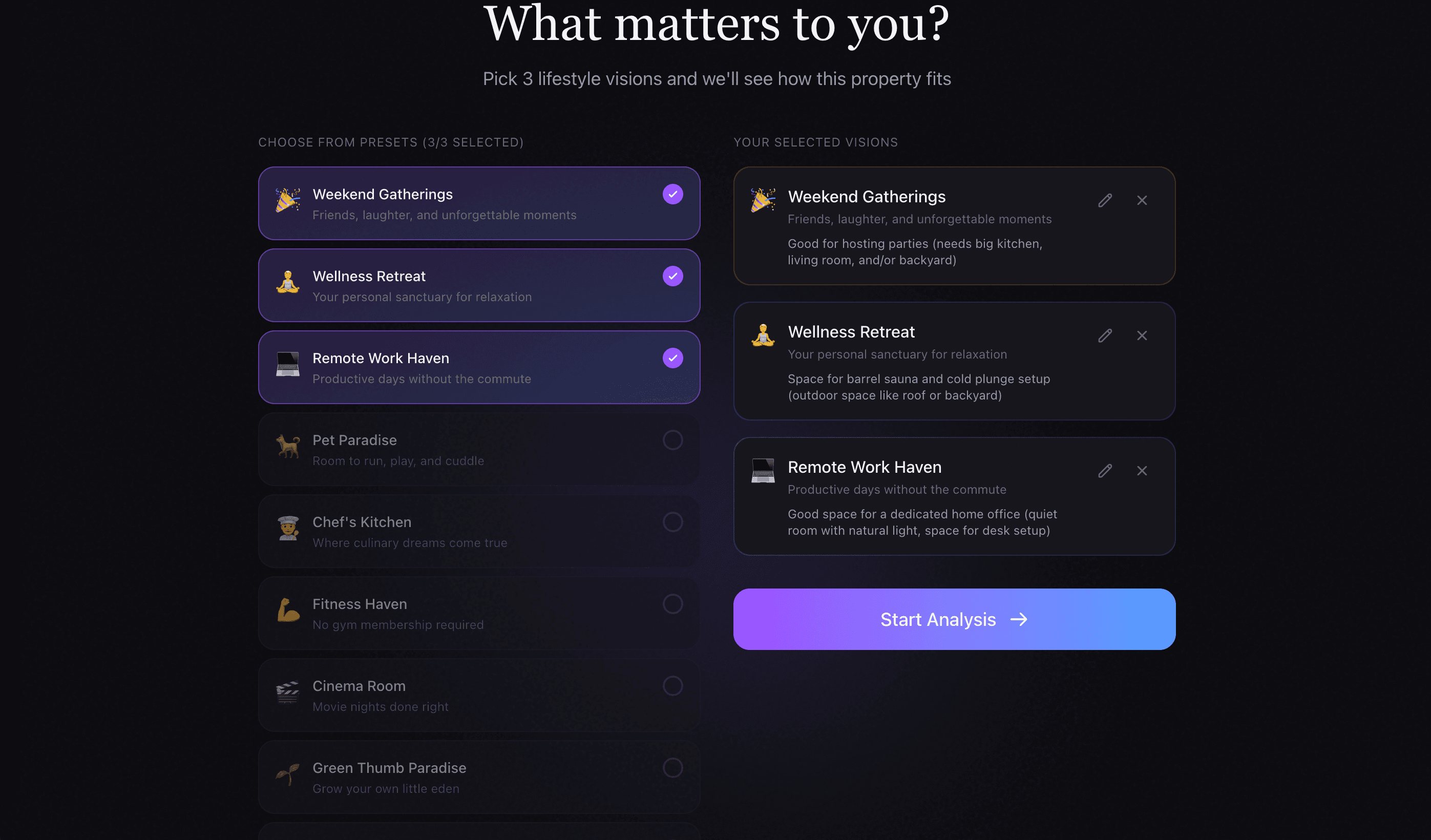 Lifestyle vision picker with selected presets